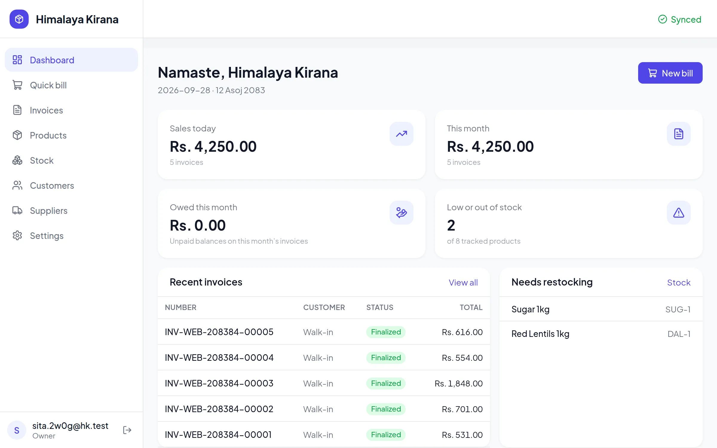 Sano Godam dashboard: today’s sales, recent invoices and products that need restocking