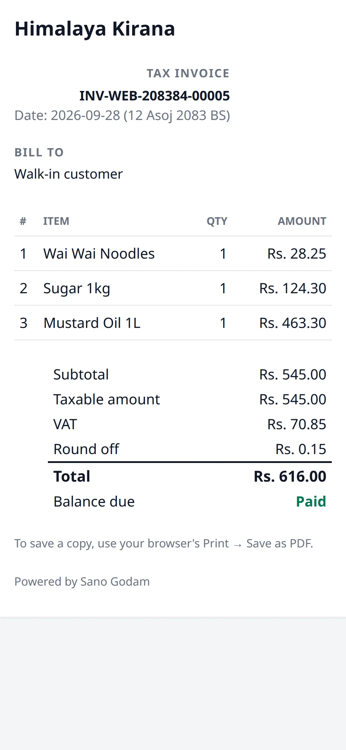 A shared tax invoice as the customer sees it on a phone